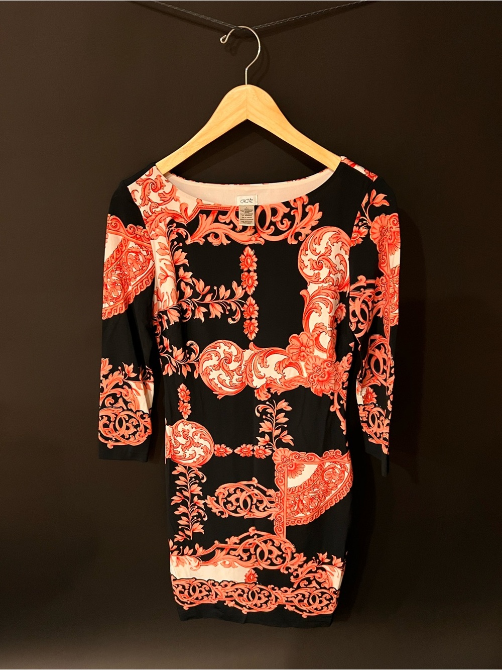 Cache Black Dress with Coral & Cream Baroque Print